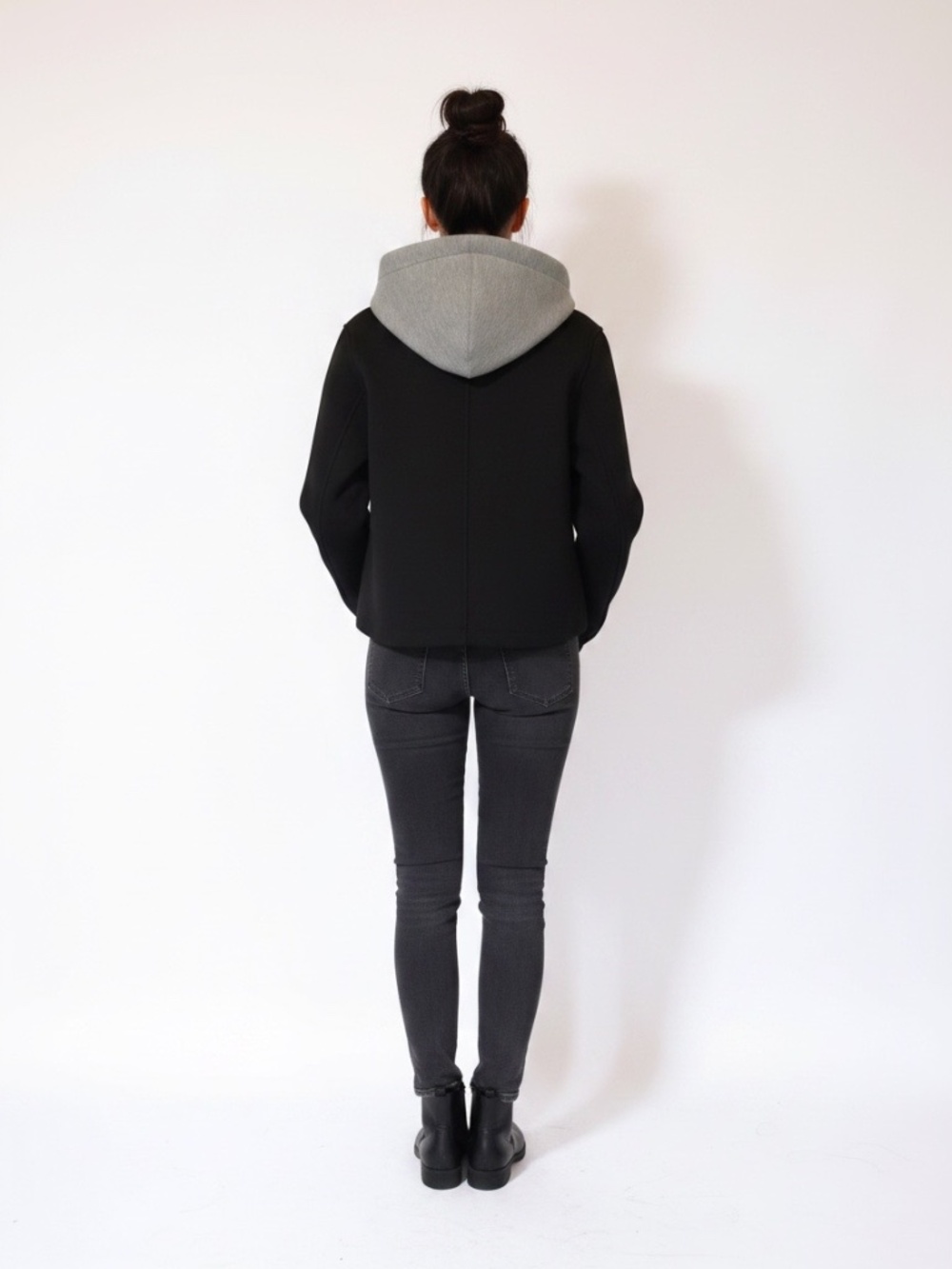 NWOT Zara Black Double-Breasted Cropped Peacoat with Integrated Hoodie - Picture 3 of 7